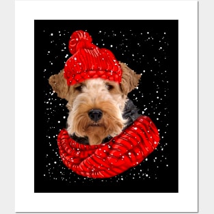 Wire Fox Terrier Wearing Red Hat And Scarf Christmas Posters and Art